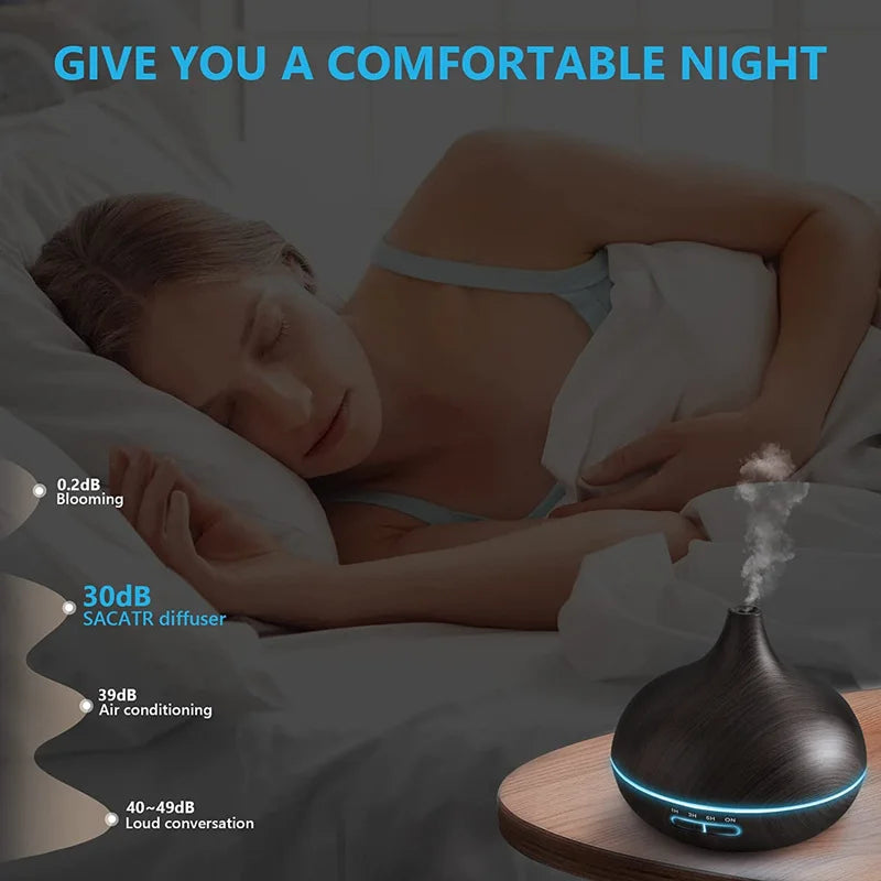 550ML Wood Grain USB Aroma Diffuser – Essential Oil Humidifier With LED Lights & Remote Control