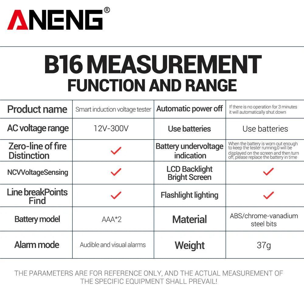 ANENG B16 Intelligent Digital Voltage Tester Pen 12V-300V NCV Non-Contact AC Detector Meter