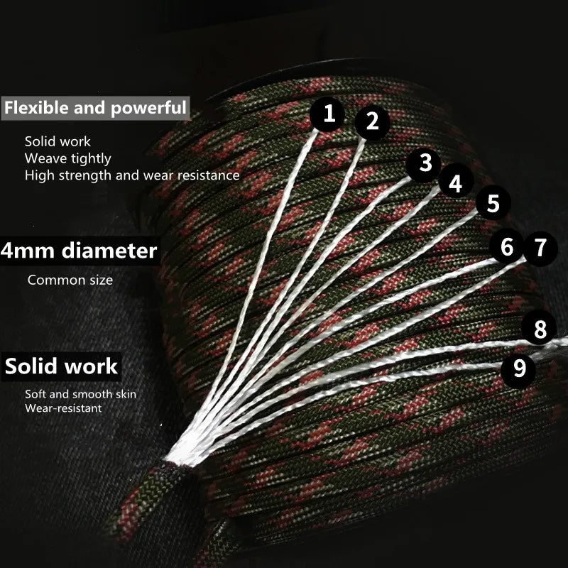 9-Strand 650LB Military Paracord – 4mm Tactical Survival Rope for Camping, Weaving, and Outdoor Use