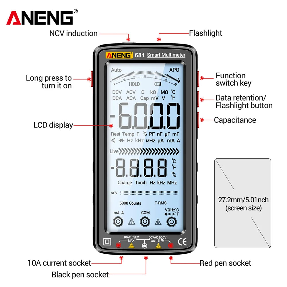 ANENG 681 Rechargeable Digital Multimeter AC/DC Voltage Current Tester True RMS LCD Display
