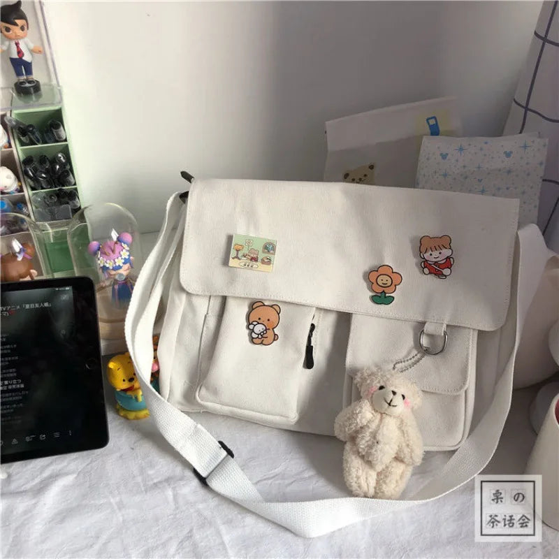 Cute Canvas Shoulder Bag for Women – Harajuku Crossbody Messenger Pouch, Casual Small Bag for Girls