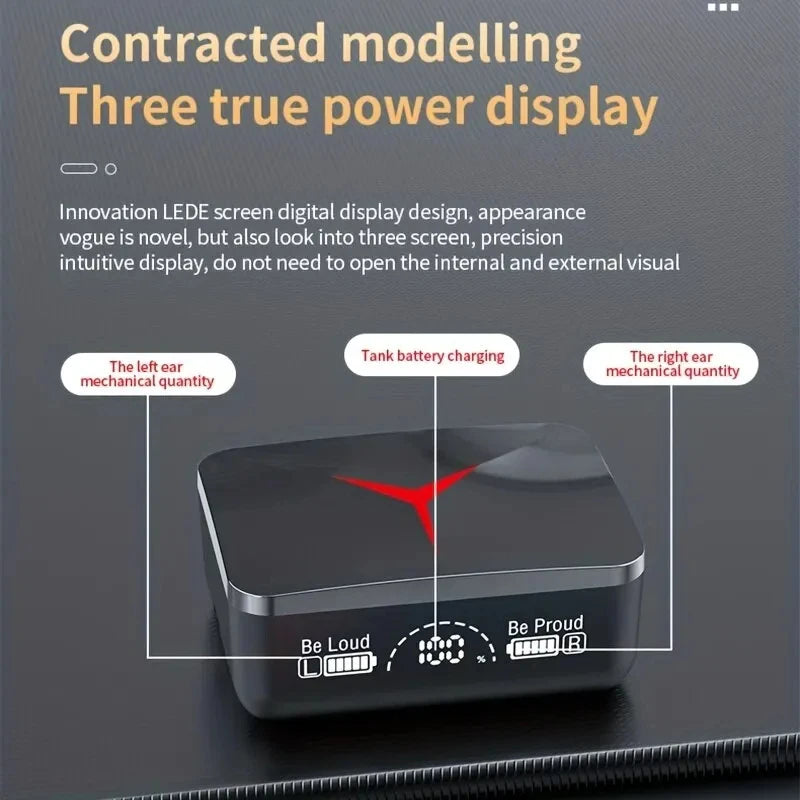 TWS M90 wireless earbuds charging case with LED power display and battery indicators for left and right earbuds.