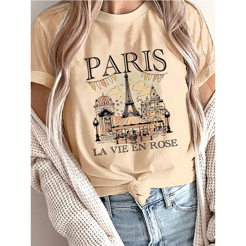 Women’s Bonjour Paris Graphic T Shirt Casual Short Sleeve Floral Print Summer Fashion Top Tee