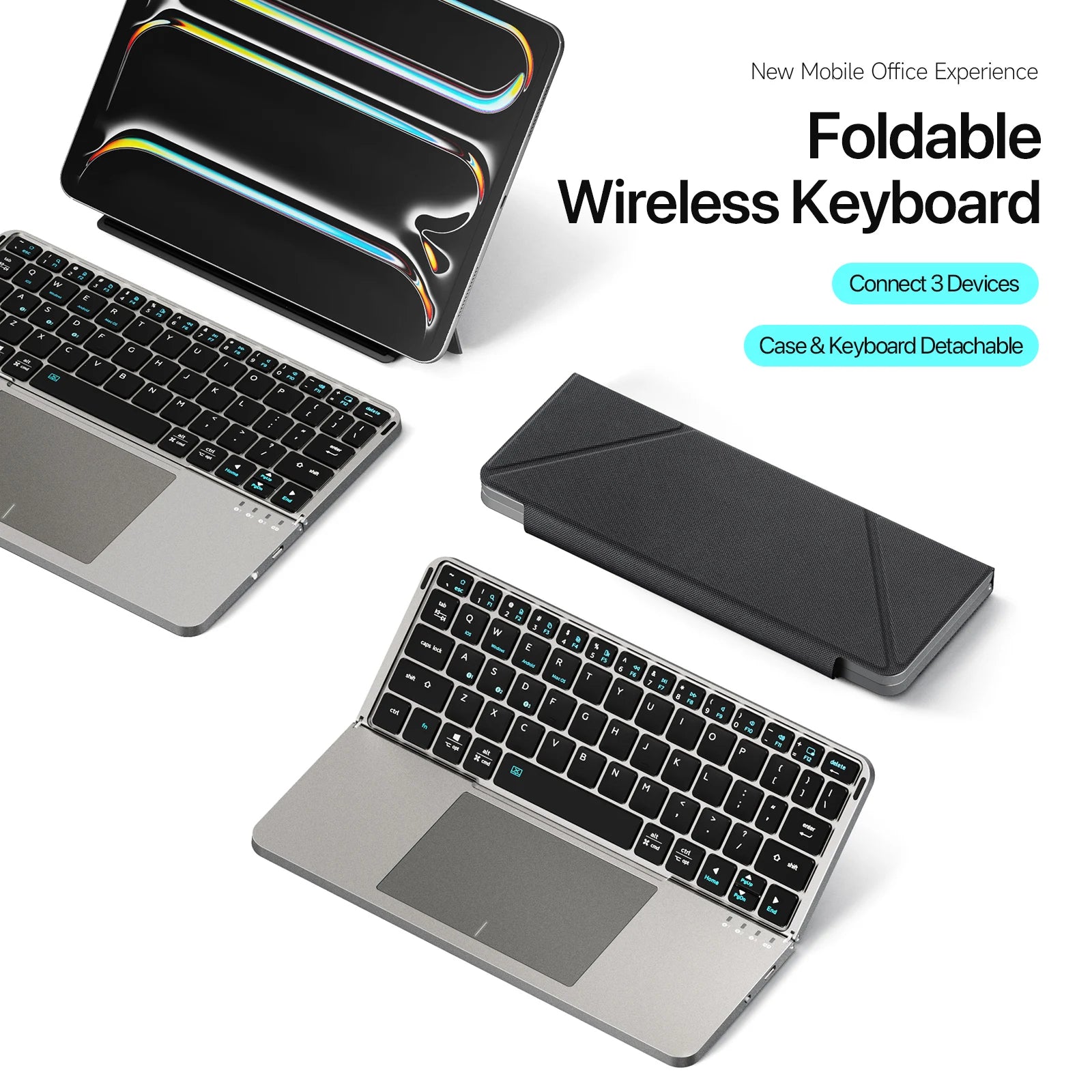 Foldable Bluetooth 5.0 Keyboard with Touchpad & Phone Holder for Tablets, Phones, Laptop, PC