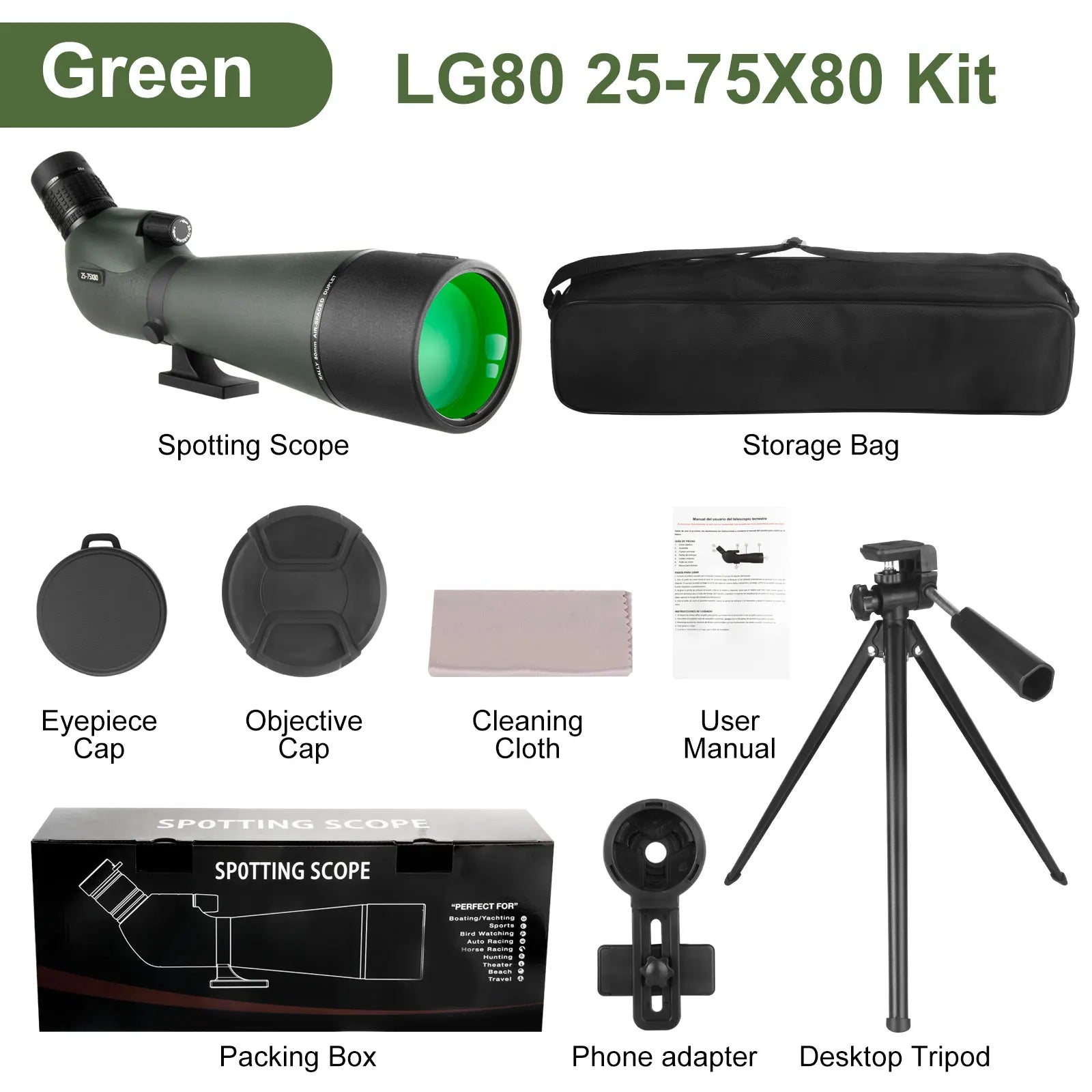 25–75x80 Waterproof Spotting Scope with Tripod & Phone Adapter for Bird Watching Wildlife Shooting