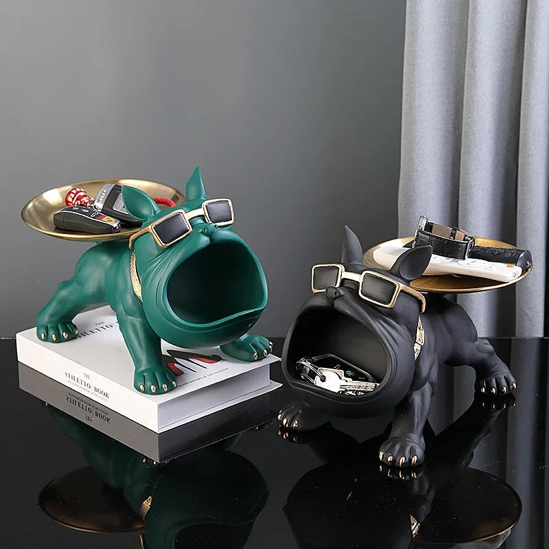 Resin Bulldog Statue Storage Tray Decorative Dog Sculpture Resin Animal Craft Ornament Home Décor