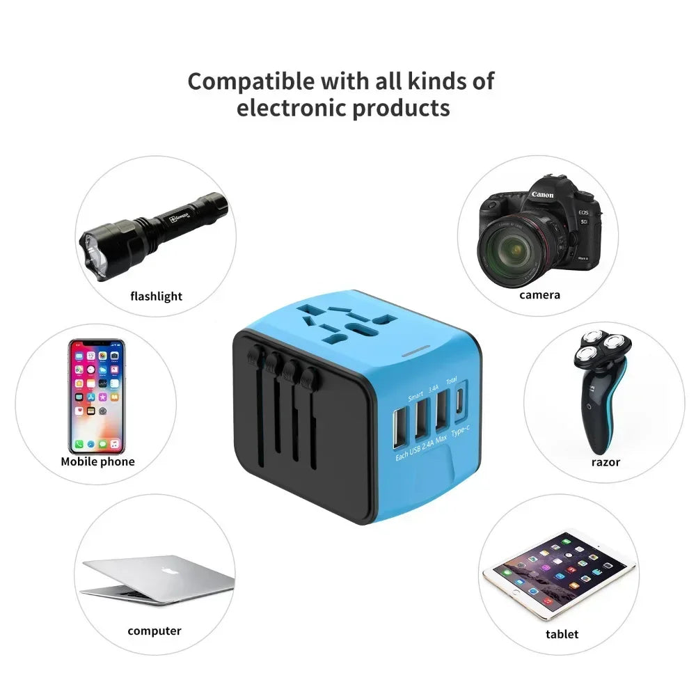 MELERY Universal Travel Adapter with 3 USB & Type-C Ports Fast Worldwide Plug Charger 200+ Countries