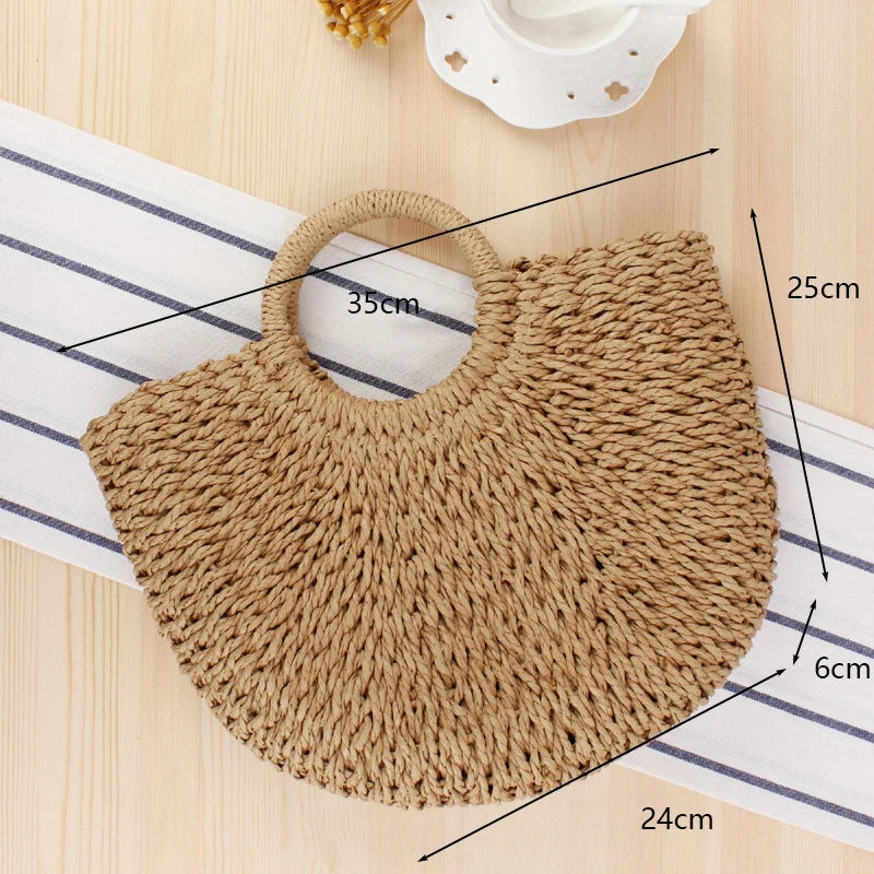 Moon-Shaped Handmade Straw Beach Bag – Boho Chic Summer Tote Handbag for Women & Holiday Travel