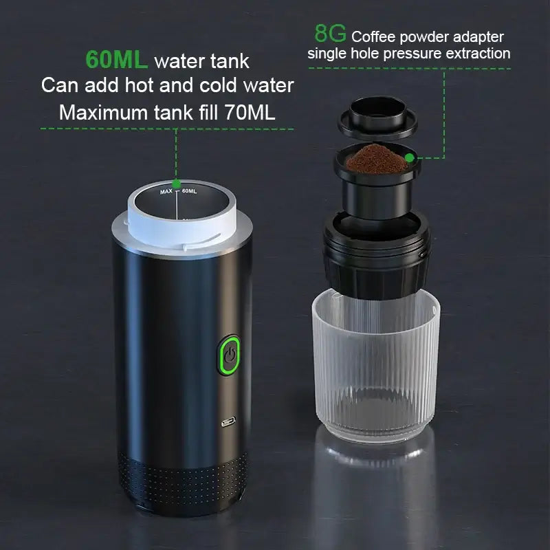 Portable espresso coffee machine with 60ml water tank and coffee powder adapter for travel and camping.