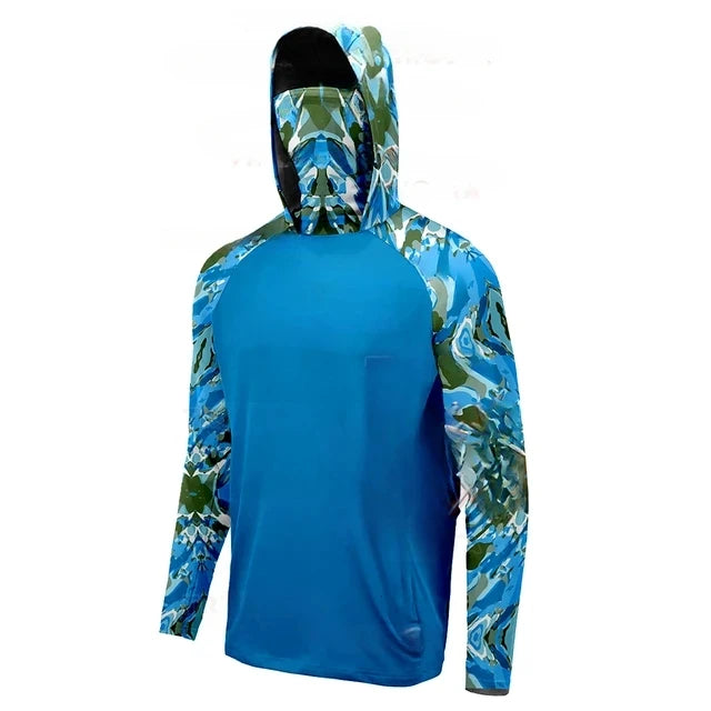 Men Hooded Fishing Shirt Outdoor Summer Mask Hoodie UV Sun Protection Quick-Dry Performance Jersey