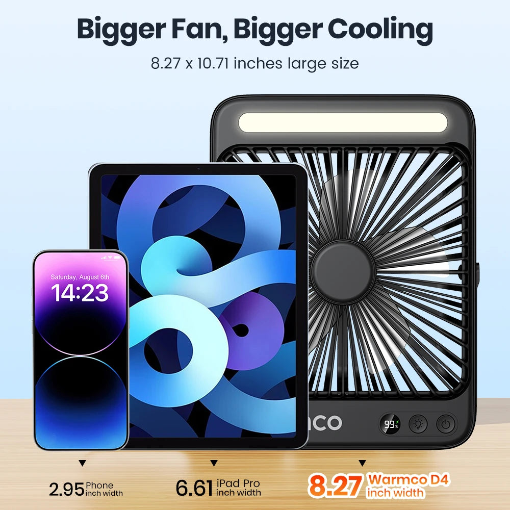 WARMCO D4 Portable Desk & Camping Fan – 20000mAh Rechargeable, Silent, LED Light, 48H Runtime