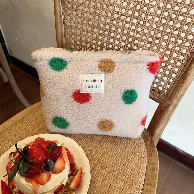 Striped Dot Plush Clutch Cosmetic Bag – Large Capacity Travel Makeup & Toiletries Pouch