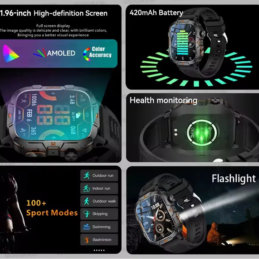 GUHUAVMI Military Grade Smart Watch 1.96in AMOLED Bluetooth Call 5ATM Fitness Tracker 2025