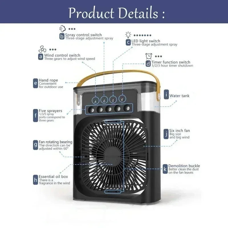 KUALOOL 3-in-1 Portable Mini Air Conditioner Fan Humidifier Cooling Fan with LED Night Light