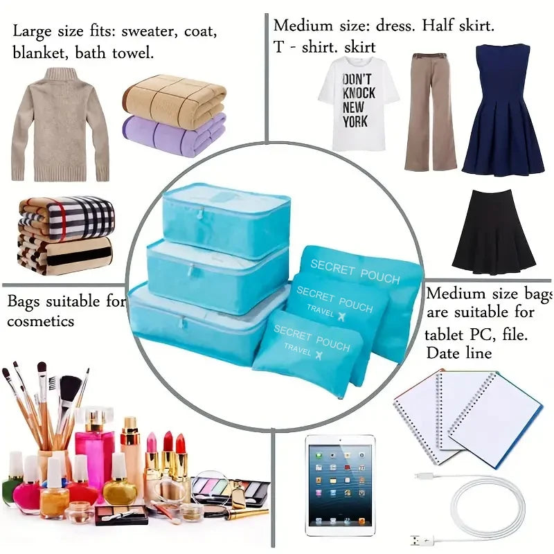 6PCS Travel Packing Cubes Set Large Capacity Luggage Organiser Bags Oxford Travel Storage Set