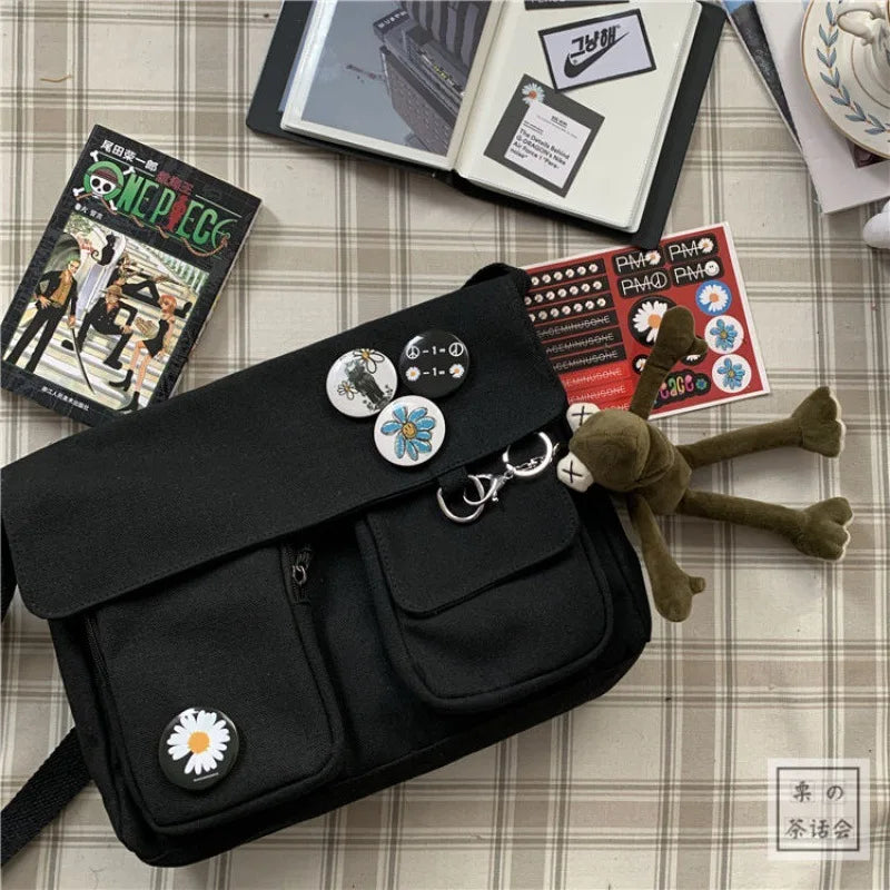 Cute Canvas Shoulder Bag for Women – Harajuku Crossbody Messenger Pouch, Casual Small Bag for Girls