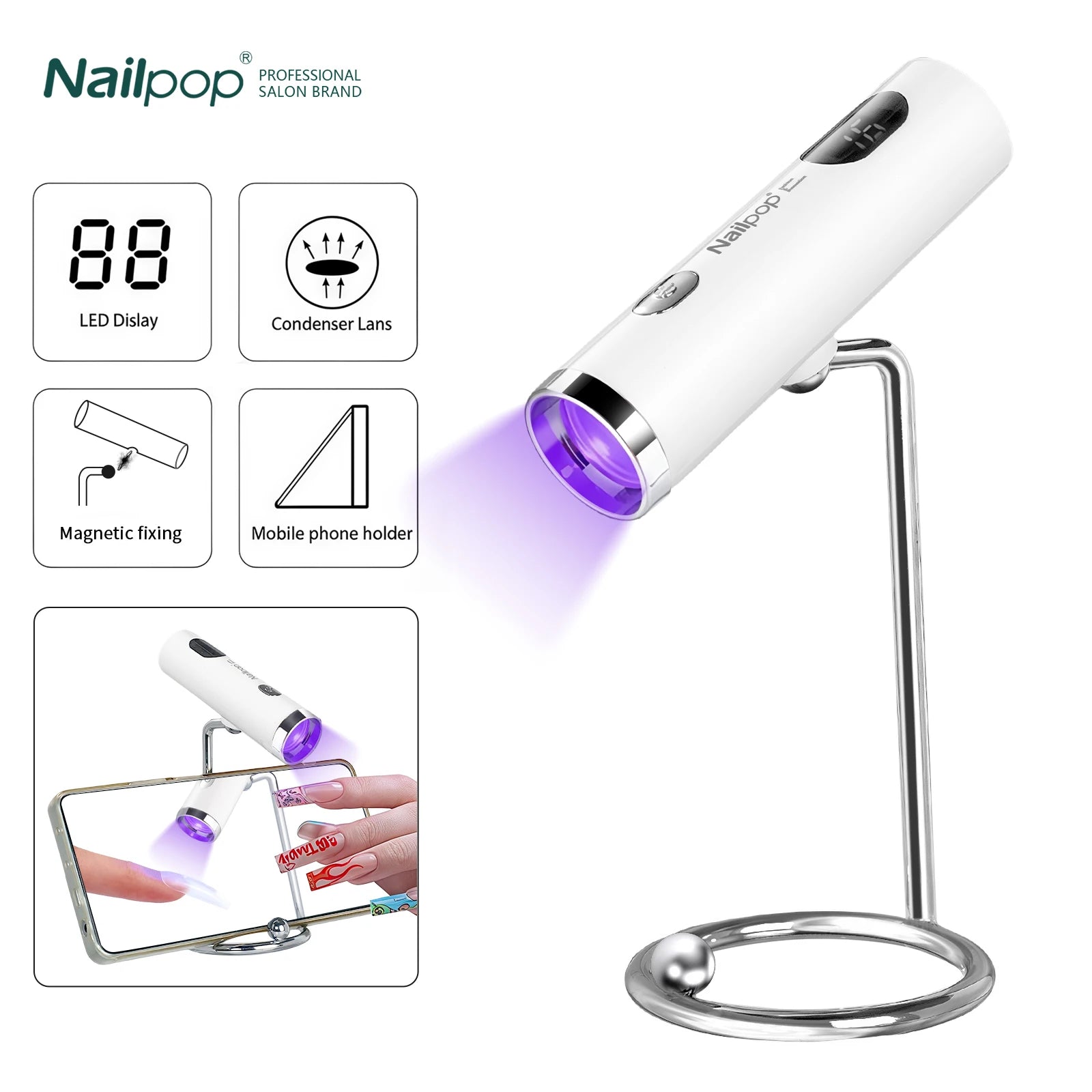 Portable UV Nail Cure Lamp with Magnetic Stand Rechargeable Mini Nail Dryer for Gel Polish & Tips