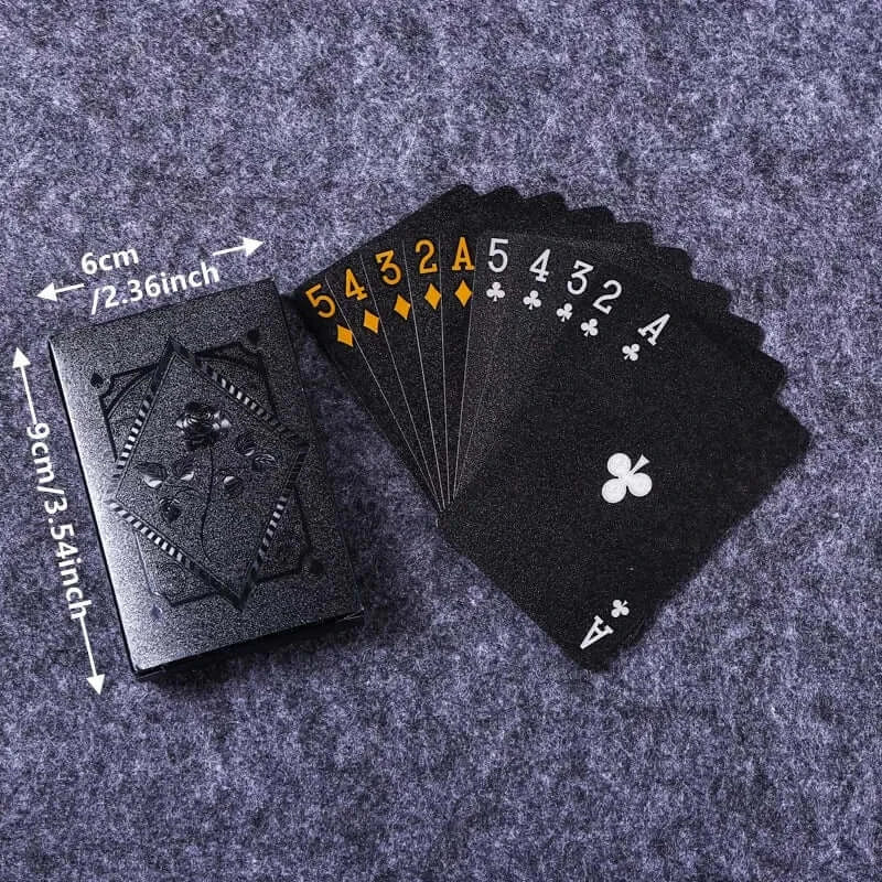 Waterproof playing cards in black showcasing dimensions, perfect for poker and card game enthusiasts.