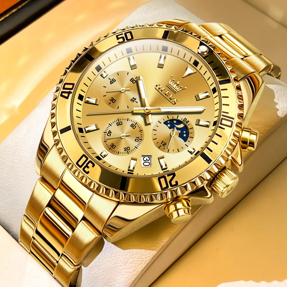 OLEVS 2870 LUXURY GOLDEN WATCH FOR MEN BUSINESS FASHION WATERPROOF QUARTZ MOON PHASE TIMEPIECE