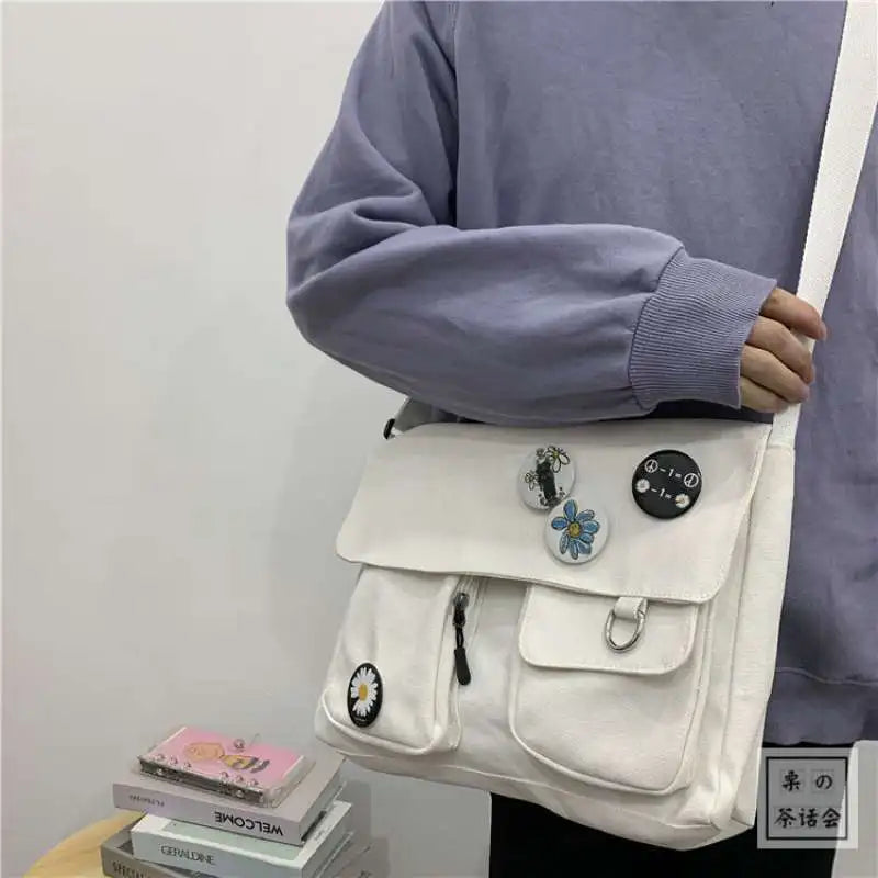 Cute Canvas Shoulder Bag for Women – Harajuku Crossbody Messenger Pouch, Casual Small Bag for Girls
