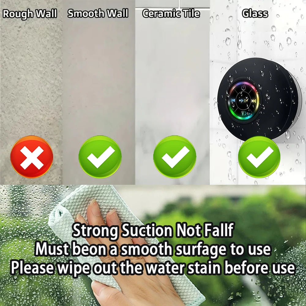 Portable Bluetooth Speaker with LED, IPX4 Waterproof, Suction Cup, Mini Stereo for Outdoor & Bathroom