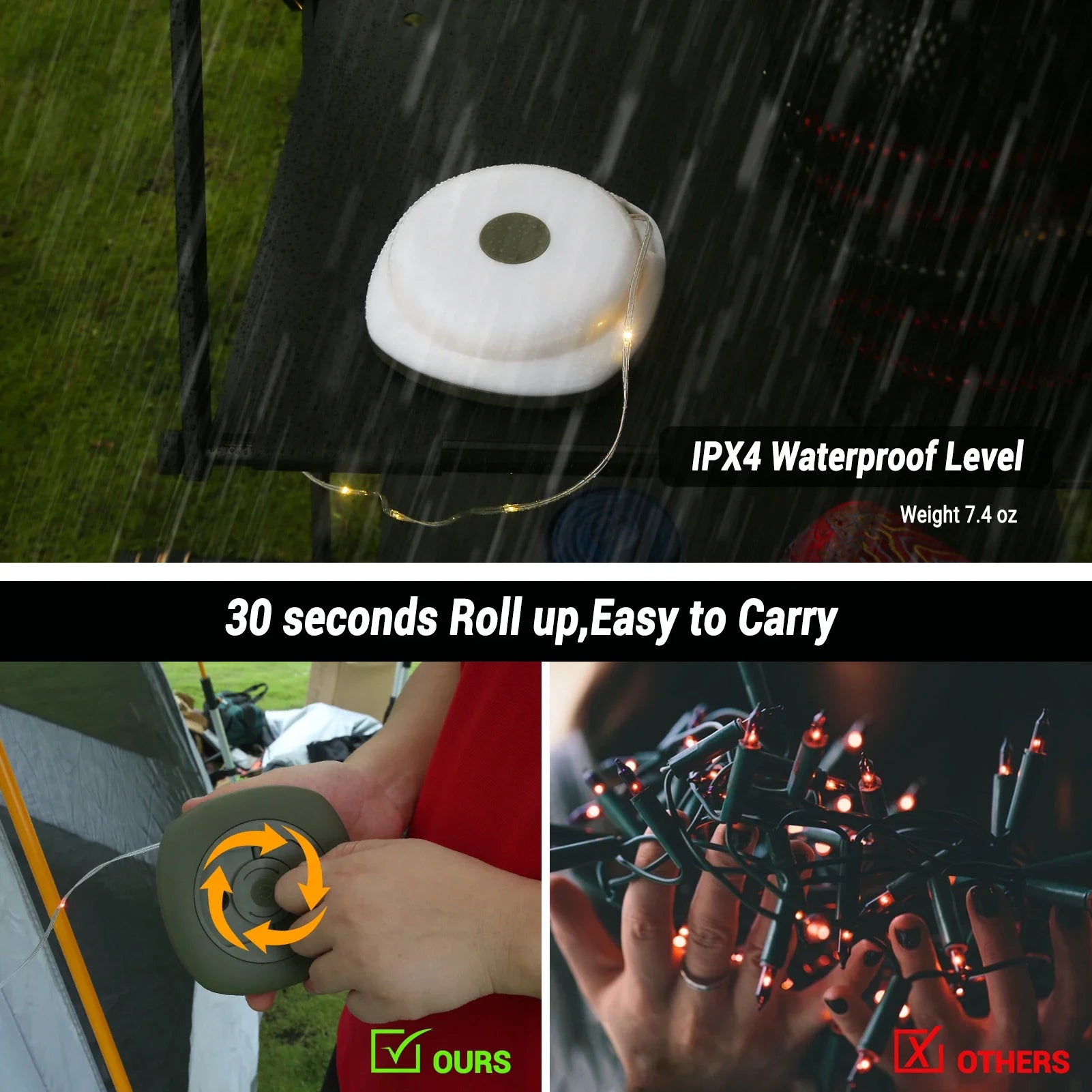 Camping String Lights 33ft Rechargeable Lanterns 2-in-1 Outdoor LED Strip with 2000mAh Battery IPX6