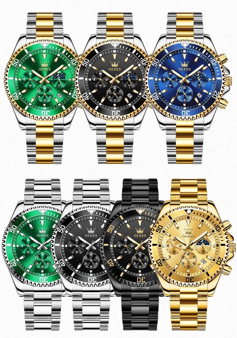 OLEVS 2870 LUXURY GOLDEN WATCH FOR MEN BUSINESS FASHION WATERPROOF QUARTZ MOON PHASE TIMEPIECE