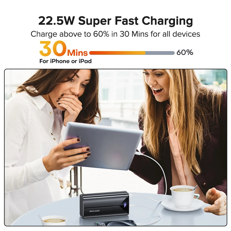 30000mAh Power Bank 22.5W Fast Charging Portable Charger Built-in Cable for iPhone Samsung Xiaomi