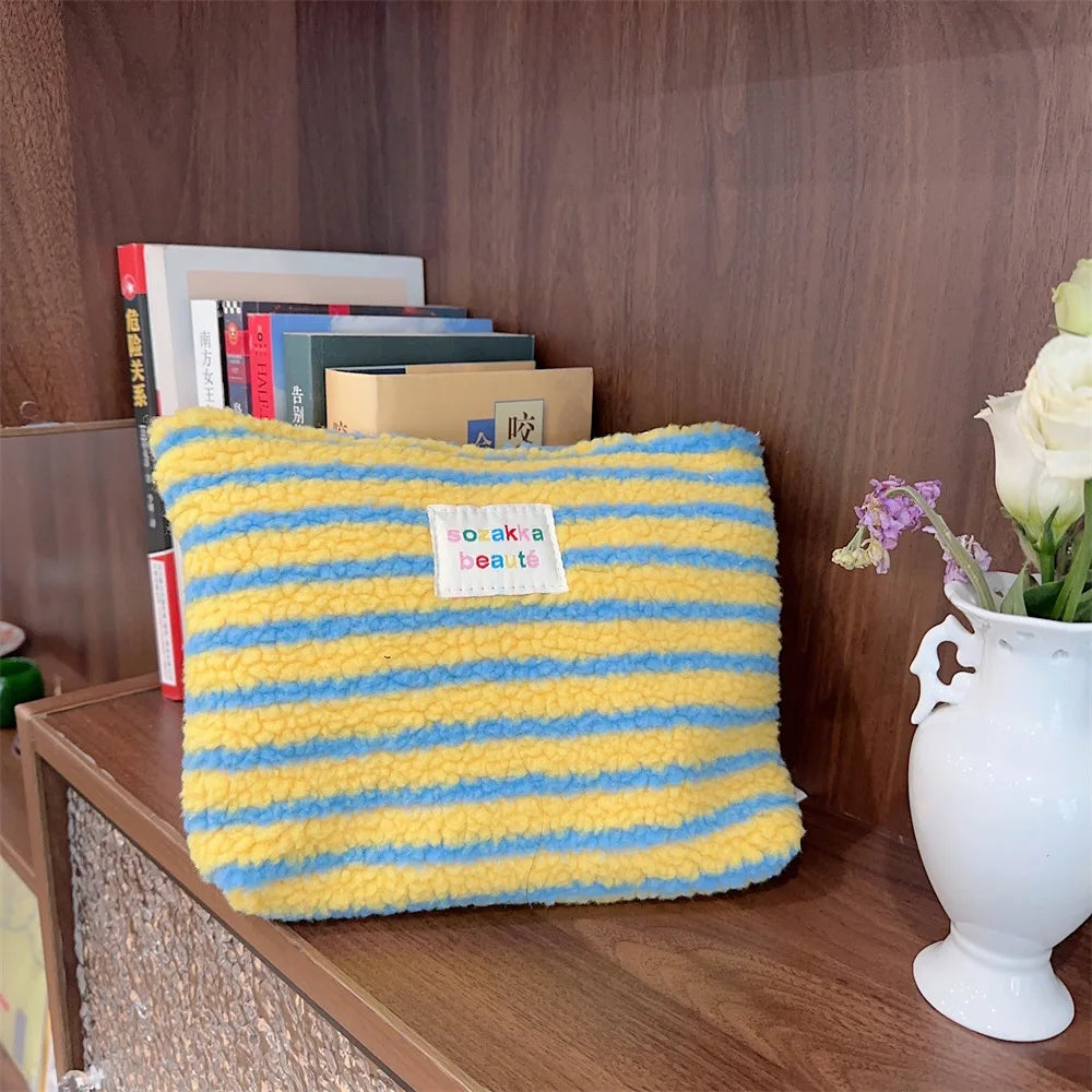 Striped Dot Plush Clutch Cosmetic Bag – Large Capacity Travel Makeup & Toiletries Pouch