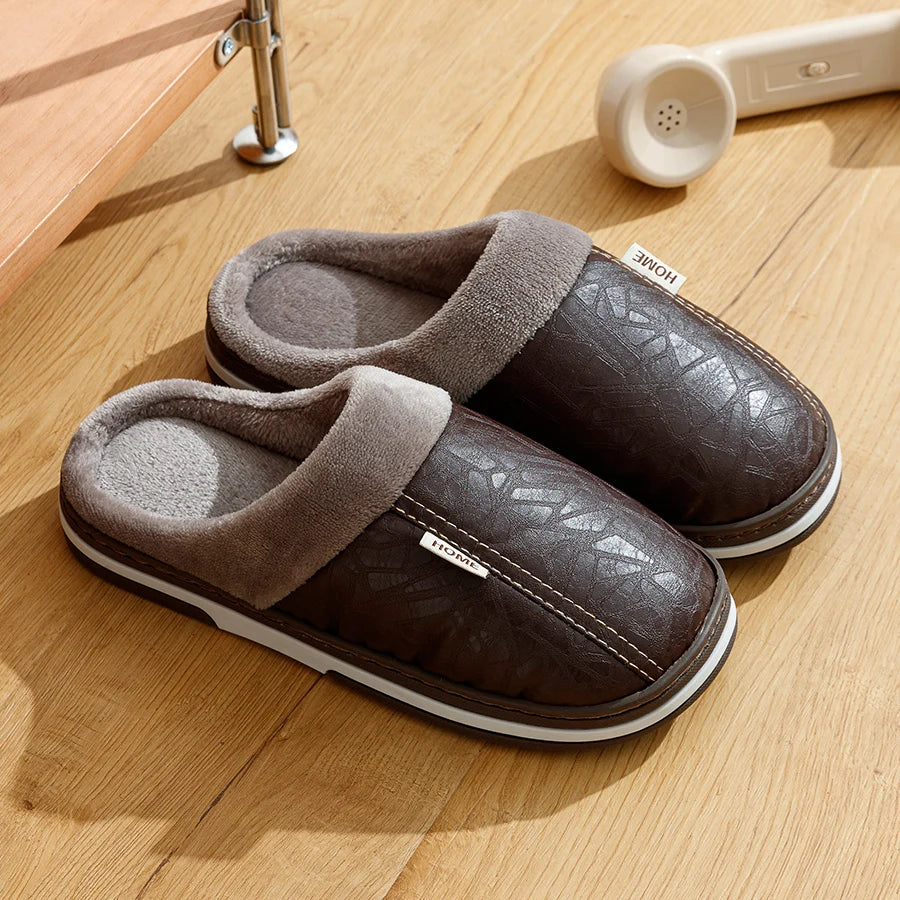 Men's Waterproof PU Leather Slippers – Big Size Indoor Fur-Lined House Shoes