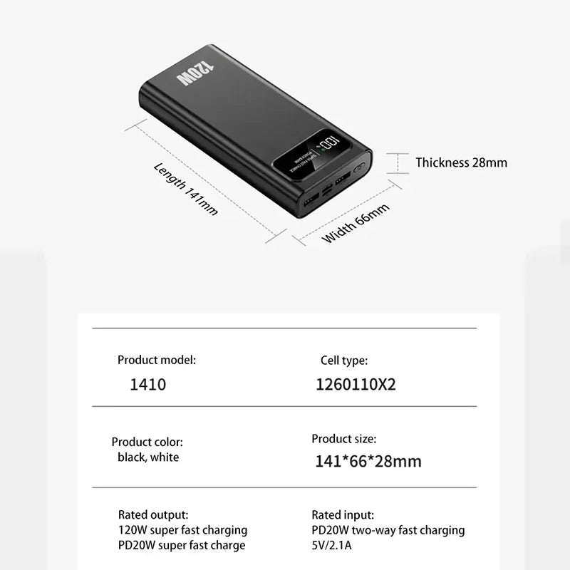 VIVO 200000mAh High Capacity 120W Super Fast Charging Power Bank LED Display for iPhone Xiaomi Samsung