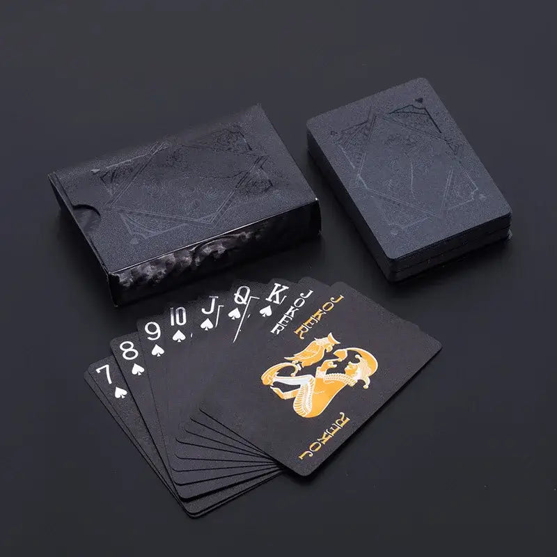 Waterproof black playing cards set with unique designs, perfect for magic tricks and poker games.