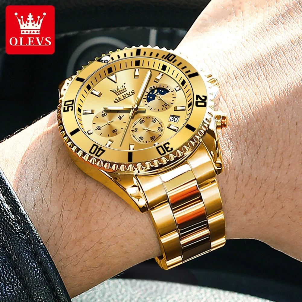 OLEVS 2870 LUXURY GOLDEN WATCH FOR MEN BUSINESS FASHION WATERPROOF QUARTZ MOON PHASE TIMEPIECE