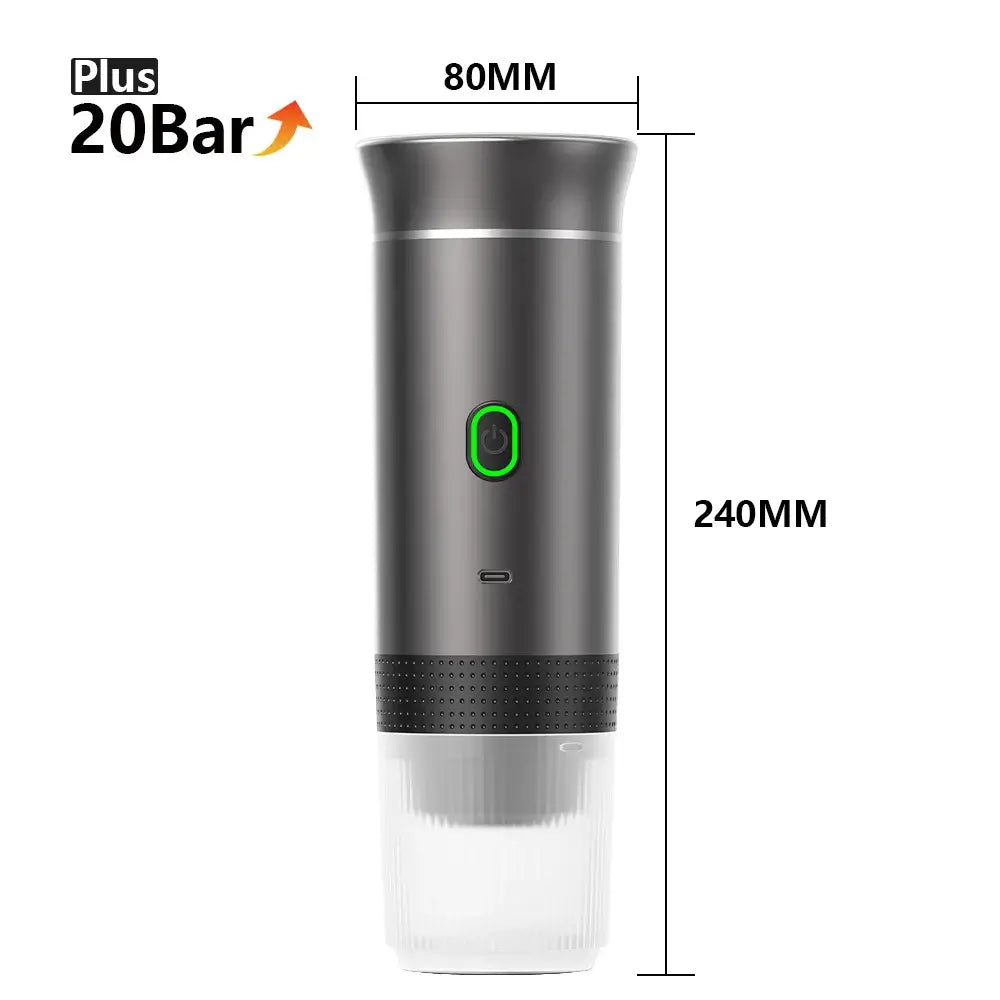 Portable espresso coffee machine dimensions, 20Bar pressure, ideal for home and travel coffee making.