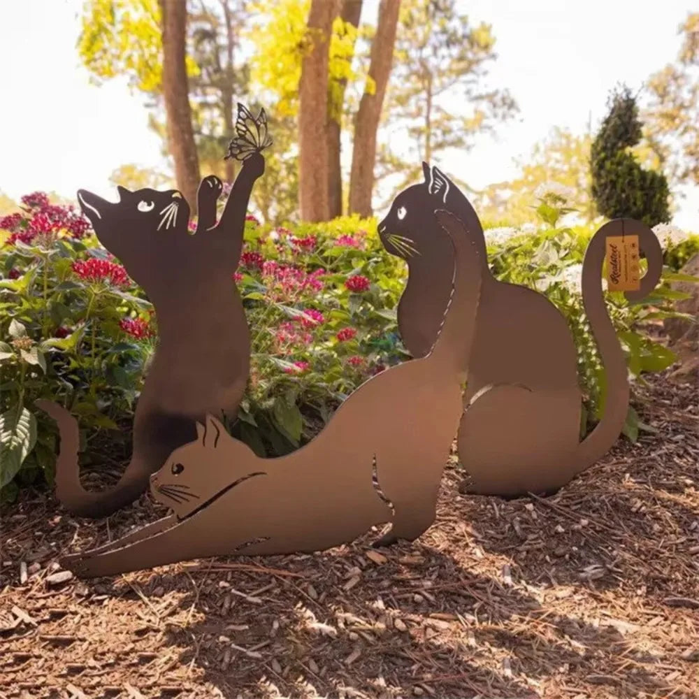 Exclusive Cute Cat Garden Silhouette – Tiki-Inspired Cat Family Garden Stakes Outdoor Decor Statues