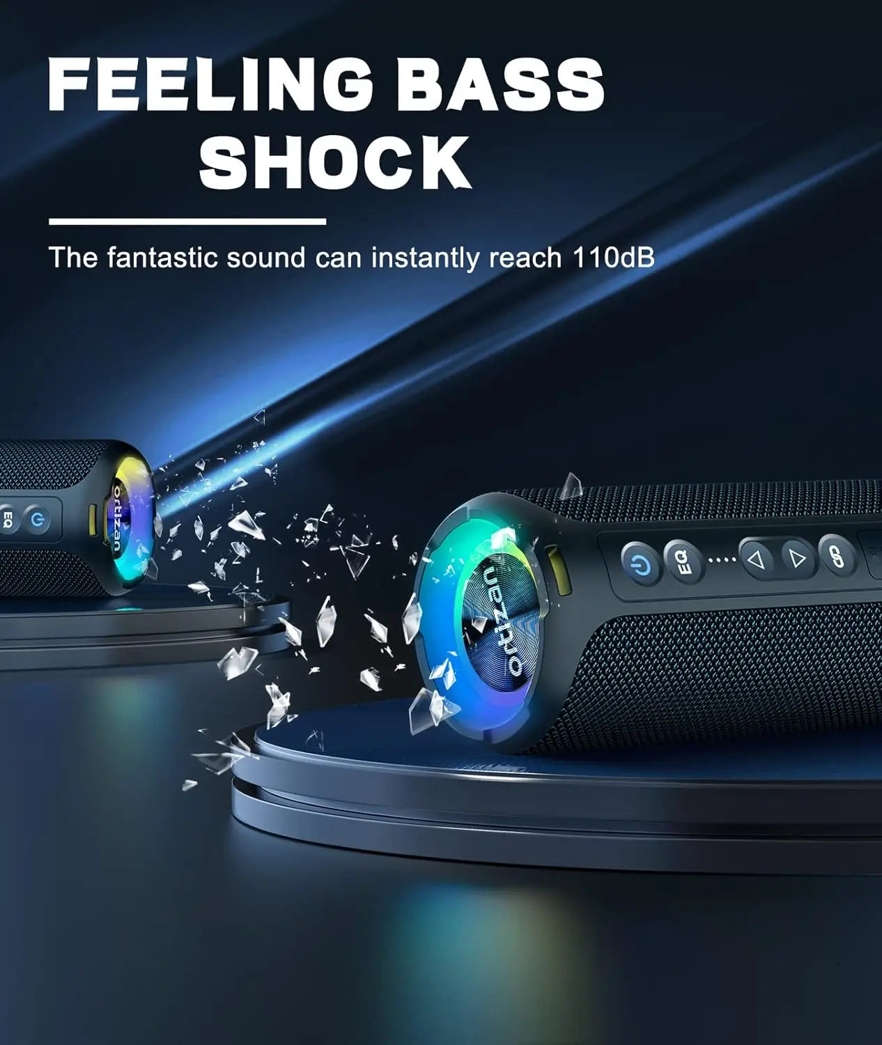 ORTIZAN BLUETOOTH SPEAKERS 40W - PORTABLE, WATERPROOF, DEEP BASS & LED LIGHTS - IPX7 SHOWER SPEAKER