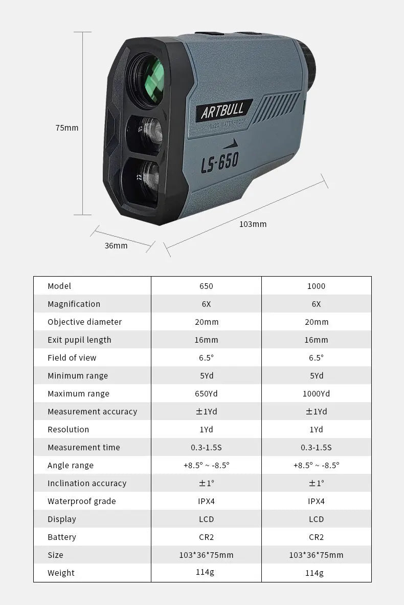 ARTBULL Golf Laser Rangefinder LS-650 & LS-1000 with Slope Flag Lock Monocular Distance Meter