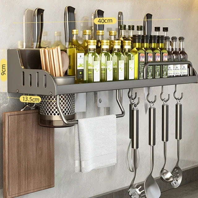 Multifunctional Kitchen Storage Rack Wall-Mounted Spice Holder Cutting Board & Utensils Organiser