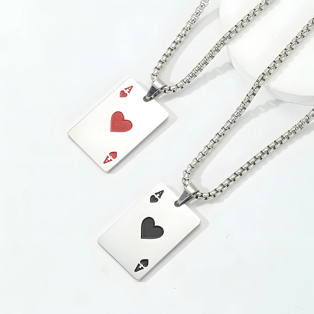 Hip Hop Stainless Steel Poker Card Necklace Ace of Spades & Hearts Pendant Chain Unisex