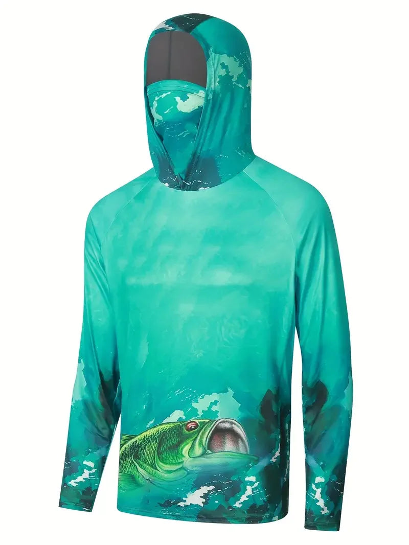Men Hooded Fishing Shirt Outdoor Summer Mask Hoodie UV Sun Protection Quick-Dry Performance Jersey