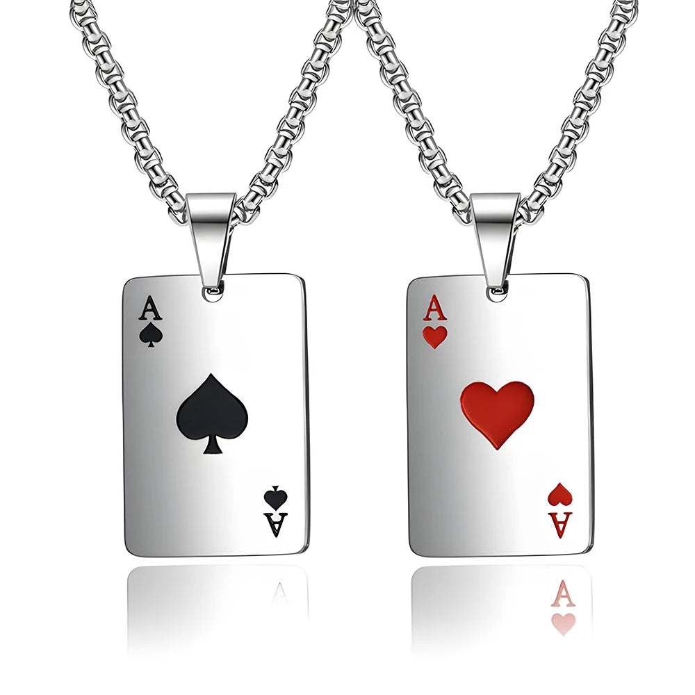 Hip Hop Stainless Steel Poker Card Necklace Ace of Spades & Hearts Pendant Chain Unisex