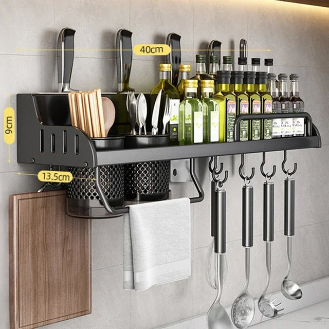 Multifunctional Kitchen Storage Rack Wall-Mounted Spice Holder Cutting Board & Utensils Organiser