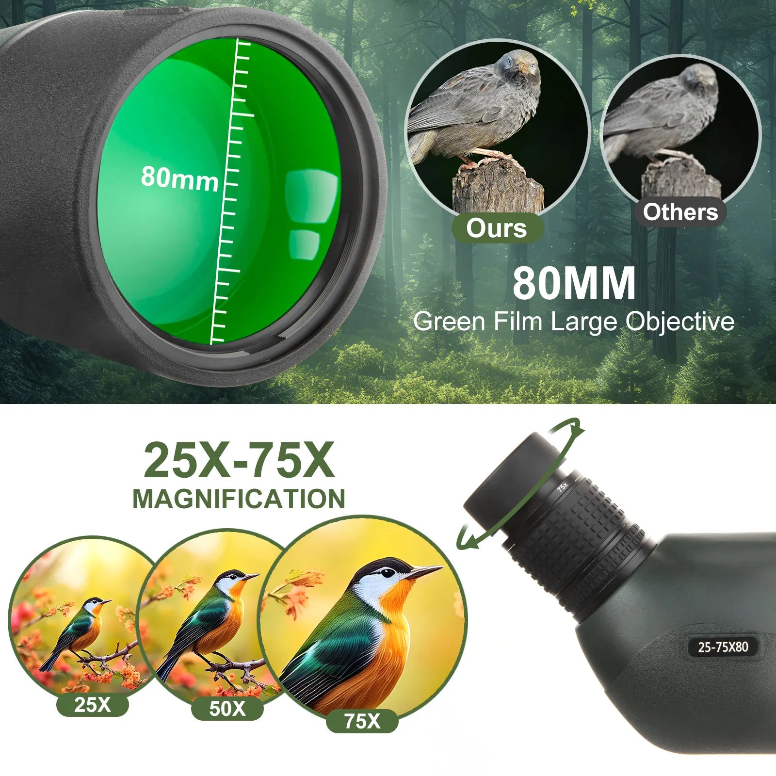 25–75x80 Waterproof Spotting Scope with Tripod & Phone Adapter for Bird Watching Wildlife Shooting