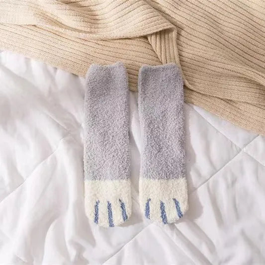 Autumn Winter Coral Velvet Cat Claw Socks – Warm Middle Tube Sleep & Floor Socks for Women Girls