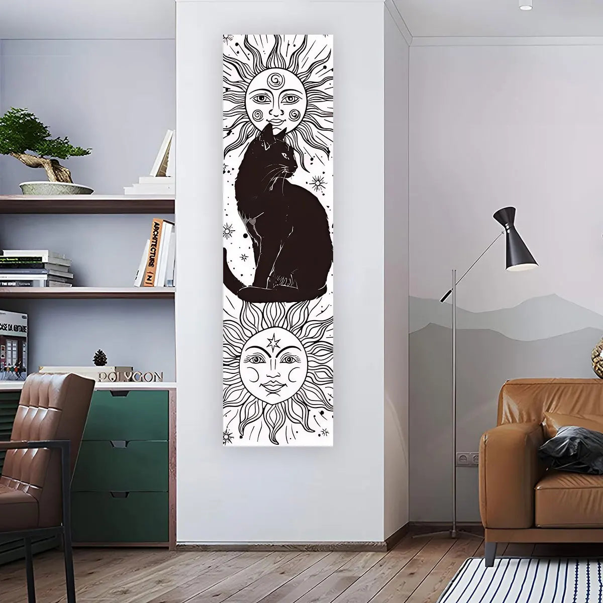 WHIMSY CAT Black & White Cat Vertical Tapestry Sun Moon Long Wall Hanging Starry Sky Decor
