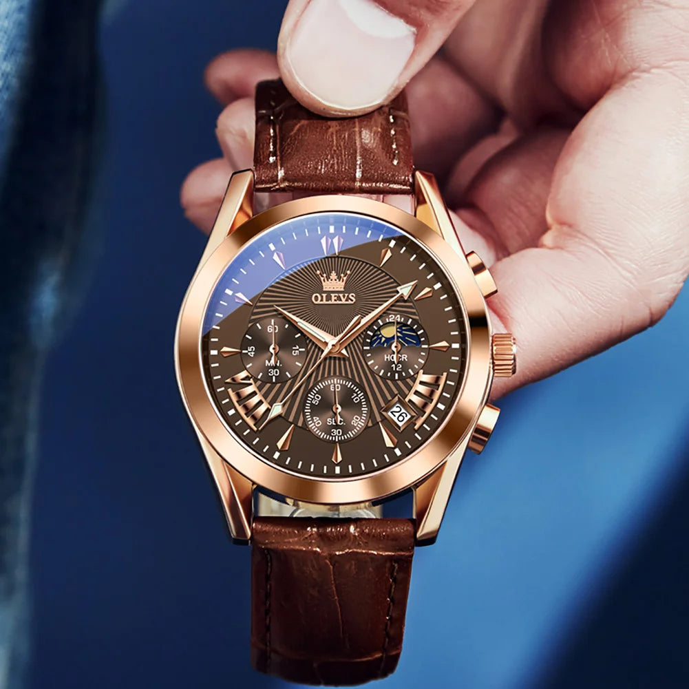 OLEVS Luxury Men’s Quartz Watch Waterproof Chronograph Wristwatch with Leather Strap for Business
