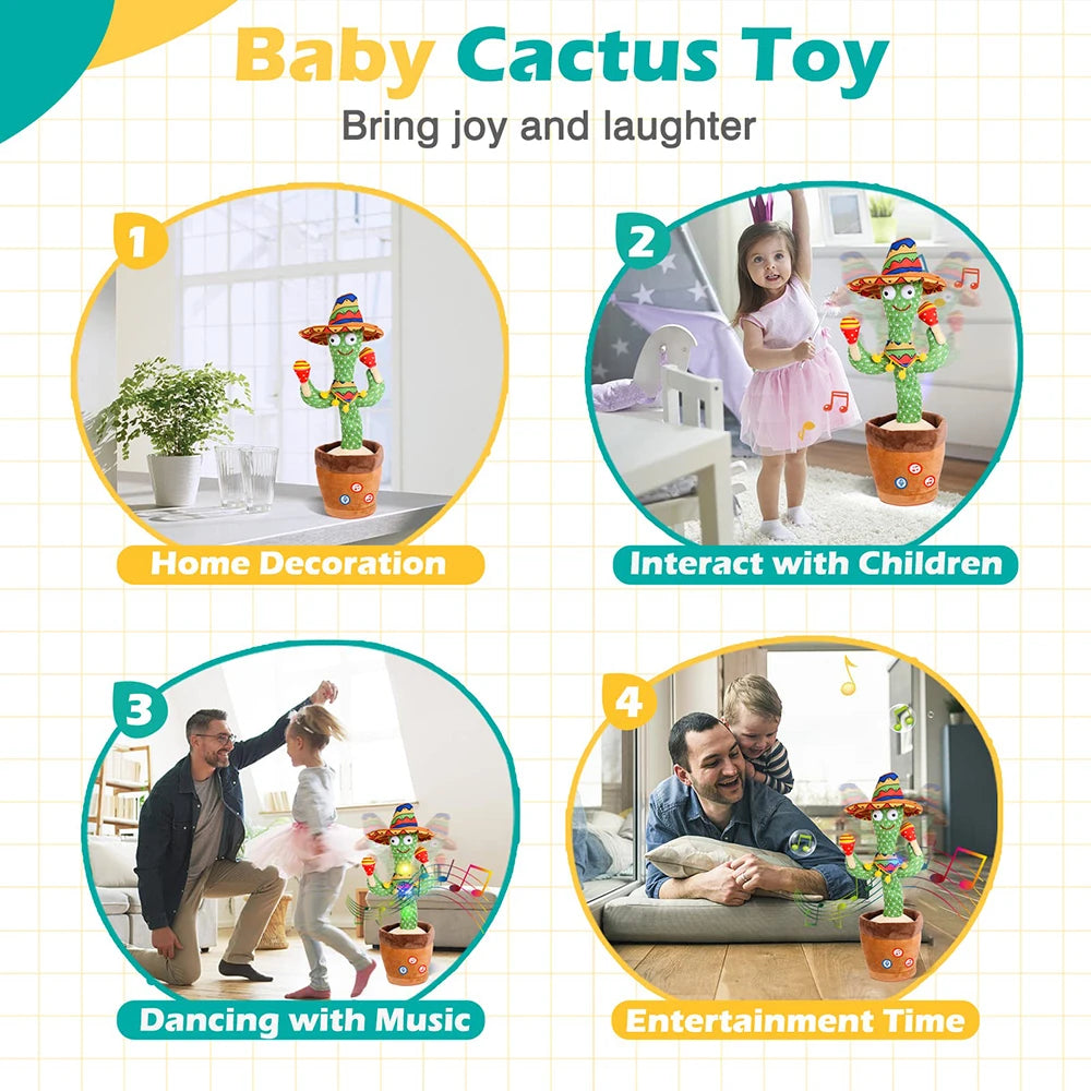 Talking Dancing Cactus Toy Repeats Speech USB Rechargeable Plush with Lights and Music
