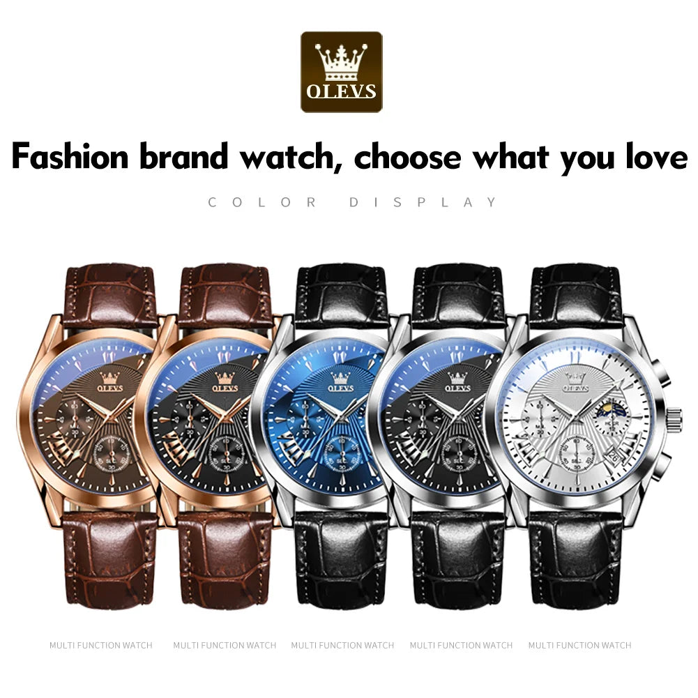 OLEVS Luxury Men’s Quartz Watch Waterproof Chronograph Wristwatch with Leather Strap for Business