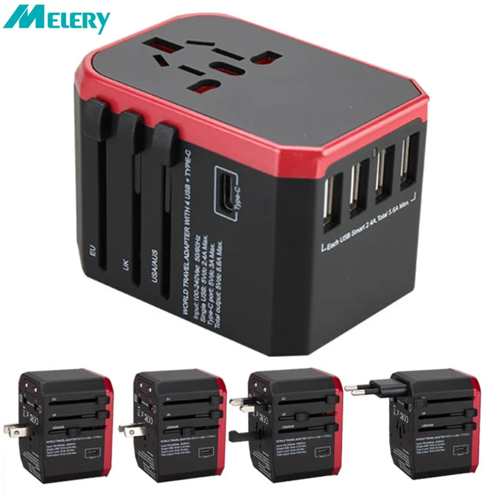 MELERY Universal Travel Adapter with USB Type-C Fast Charger for US EU UK AU Plugs – 5 Ports