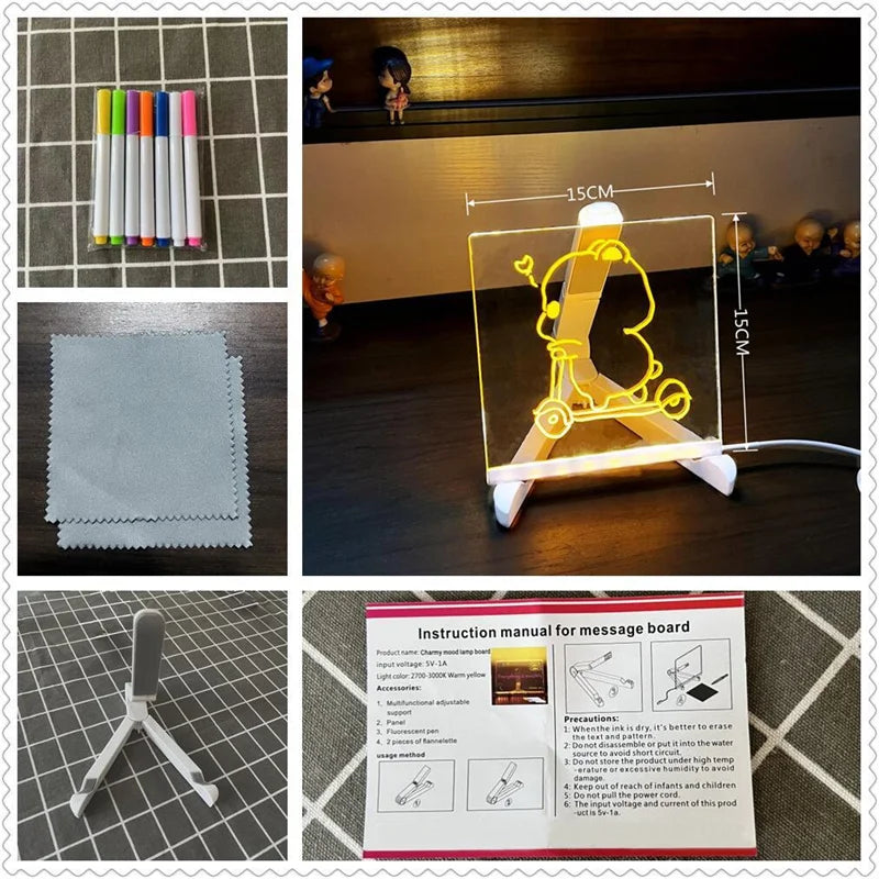 Magic LED glow drawing board for kids with acrylic memo pad, 7 colour markers pens and stand
